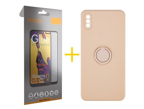 Pack 1 X Protector de Vidrio Templado Full + Funda ACCETEL para iPhone XS Max Gel O-Ring Rosa Pastel