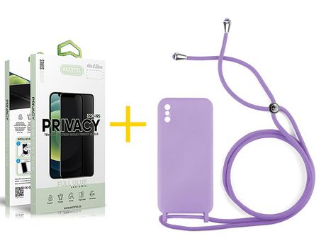 Pack 1 X Protector de Vidrio Templado Anti espía + Funda ACCETEL para iPhone XS Max Gel con Cordón Violeta