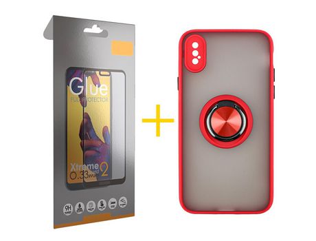 Pack 1 Película Full + Funda SKYHE por Apple iPhone XS Max Gel Bumper con Anillo Rojo