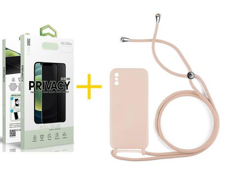Pack 1 Película Antiespía + Funda SKYHE por Apple iPhone XS Max Gel con Cordón Rosa Pastel