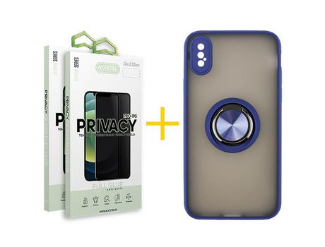 Pack 2 X Protector de Vidrio Templado Anti espía + Funda ACCETEL para iPhone XR Gel Bumper con Anillo Azul