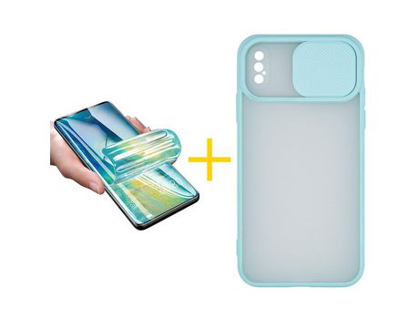 Pack 1 X Protector de Vidrio Templado Hidrogel + Funda ACCETEL para iPhone XS Max Gel Protección Cámara Verde-Mar
