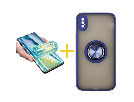 Pack 1 Película + Funda SKYHE por Apple iPhone XS Max Gel Bumper con Anillo Azul