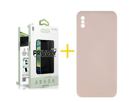 Pack 1 X Protector de Vidrio Templado Anti espía + Funda ACCETEL para iPhone XS Max Silicona Líquida Rosa
