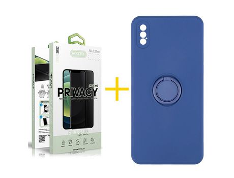 Pack 1 X Protector de Vidrio Templado Anti espía + Funda ACCETEL para iPhone XS Max Gel O-Ring Azul