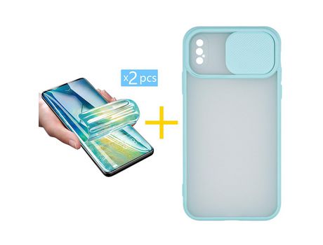 Pack 2 X Protector de Vidrio Templado Hidrogel + Funda ACCETEL para iPhone XS Max Gel Protección Cámara Verde-Mar