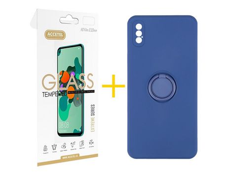 Pack 1 X Protector de Vidrio Templado 2.5D + Funda ACCETEL para iPhone XS Max Gel O-Ring Azul