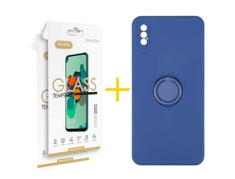 Pack 2 X Protector de Vidrio Templado 2.5D + Funda ACCETEL para iPhone XS Max Gel O-Ring Azul