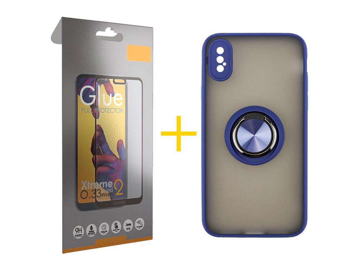 Pack 1 Película Full + Funda SKYHE por Apple iPhone XR Gel Bumper con Anillo Azul