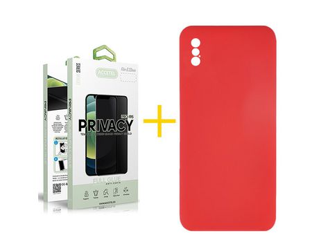 Pack 1 X Protector de Vidrio Templado Anti espía + Funda ACCETEL para iPhone XS Max Silicona Líquida Rojo