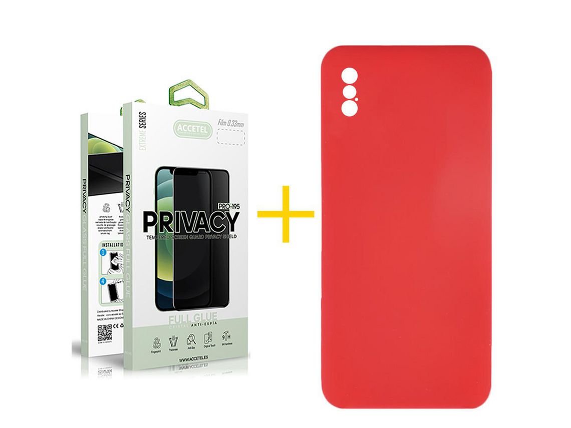 Pack 1 X Protector de Vidrio Templado Anti espía + Funda ACCETEL para iPhone XS Max Silicona Líquida Rojo