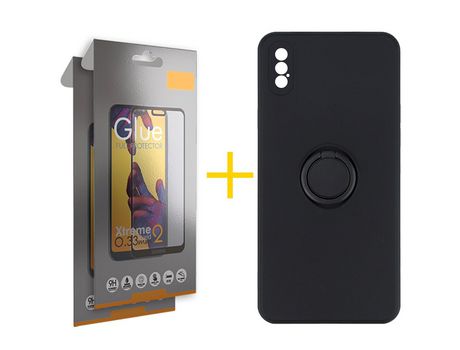 Pack 2 Películas Full + Funda SKYHE por Apple iPhone XS Max Gel O-Ring Negro