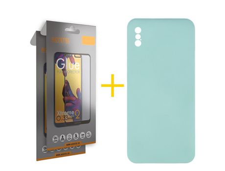 Pack 2 X Protector de Vidrio Templado Full + Funda ACCETEL para iPhone XS Max Silicona Líquida Verde-Agua