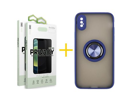 Pack 2 Películas Antiespía + Funda SKYHE por Apple iPhone XS Max Gel Bumper con Anillo Azul