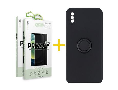 Pack 2 X Protector de Vidrio Templado Anti espía + Funda ACCETEL para iPhone X / XS Gel O-Ring Negro