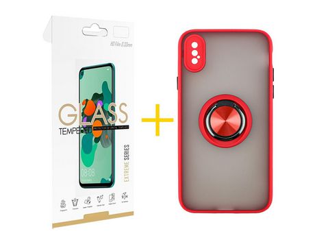 Pack 1 Película 2.5D + Funda SKYHE por Apple iPhone XS Max Gel Bumper con Anillo Rojo