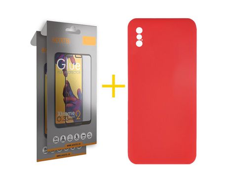 Pack 2 X Protector de Vidrio Templado Full + Funda ACCETEL para iPhone XS Max Silicona Líquida Rojo