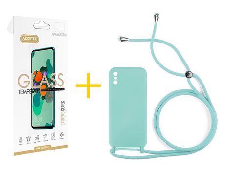 Pack 1 X Protector de Vidrio Templado 2.5D + Funda ACCETEL para iPhone XS Max Gel con Cordón Agua Verde