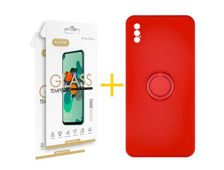 Pack 2 X Protector de Vidrio Templado 2.5D + Funda ACCETEL para iPhone XS Max Gel O-Ring Rojo