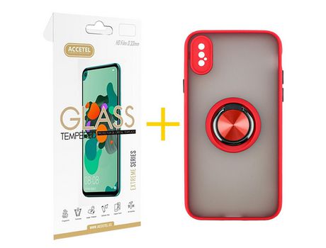 Pack 1 X Protector de Vidrio Templado 2.5D + Funda ACCETEL para iPhone XS Max Gel Bumper con Anillo Rojo