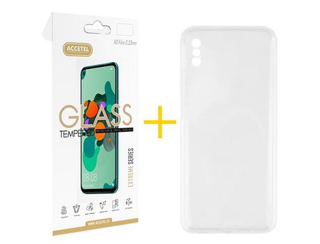 Pack 1 X Protector de Vidrio Templado 2.5D + Funda ACCETEL para iPhone XS Max Silicona Líquida Transparente Clear