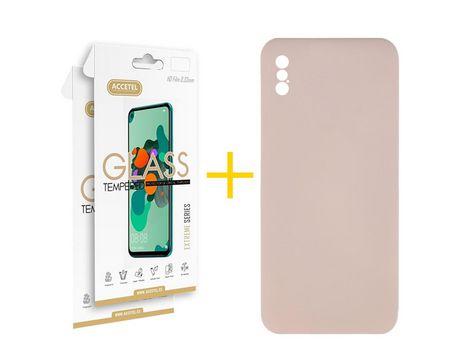 Pack 2 X Protector de Vidrio Templado 2.5D + Funda ACCETEL para iPhone XS Max Silicona Líquida Rosa