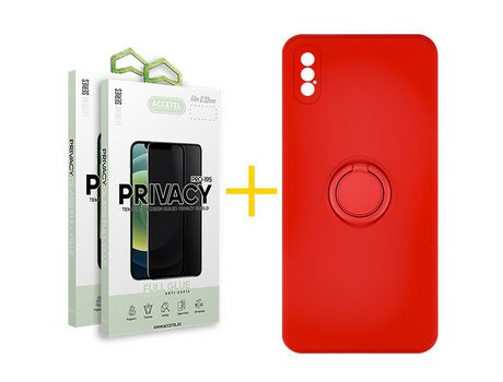 Pack 2 X Protector de Vidrio Templado Anti espía + Funda ACCETEL para iPhone XS Max Gel O-Ring Rojo