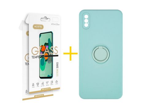 Pack 2 X Protector de Vidrio Templado 2.5D + Funda ACCETEL para iPhone XS Max Gel O-Ring Verde-Agua