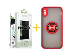 Pack 1 Película Antiespía + Funda SKYHE por Apple iPhone XS Max Gel Bumper con Anillo Rojo