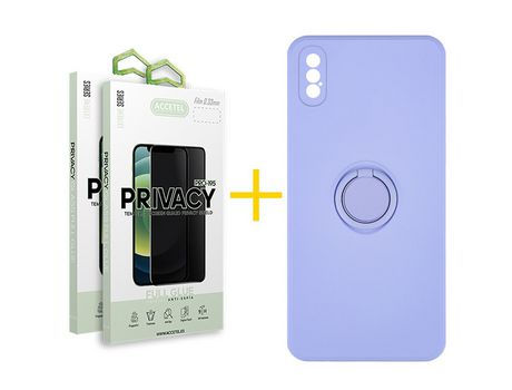 Pack 2 X Protector de Vidrio Templado Anti espía + Funda ACCETEL para iPhone XS Max Gel O-Ring Morado