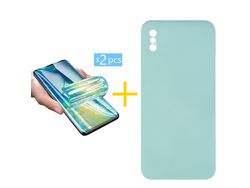 Pack 2 X Protector de Vidrio Templado Hidrogel + Funda ACCETEL para iPhone XR Silicona Líquida Verde-Agua