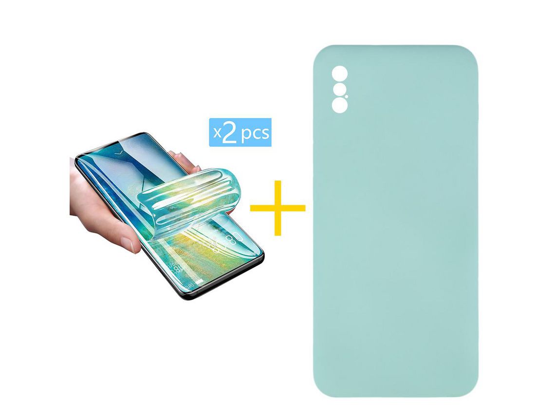 Pack 2 X Protector de Vidrio Templado Hidrogel + Funda ACCETEL para iPhone XR Silicona Líquida Verde-Agua