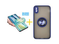 Pack 2 Películas + Funda SKYHE por Apple iPhone XS Max Gel Bumper con Anillo Azul