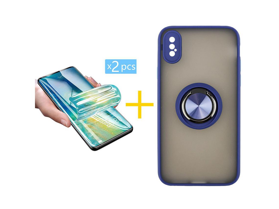 Pack 2 Películas + Funda SKYHE por Apple iPhone XS Max Gel Bumper con Anillo Azul