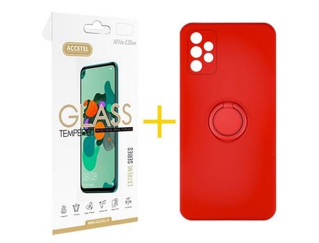 Pack 1 X Protector de Vidrio Templado 2.5D + Funda ACCETEL para Samsung Galaxy A72 5G Gel O-Ring Rojo