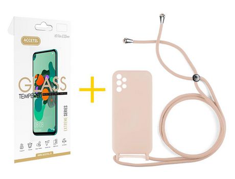 Pack 1 X Protector de Vidrio Templado 2.5D + Funda ACCETEL para Samsung Galaxy A52 5G Gel con Cordón Rosa Pastel