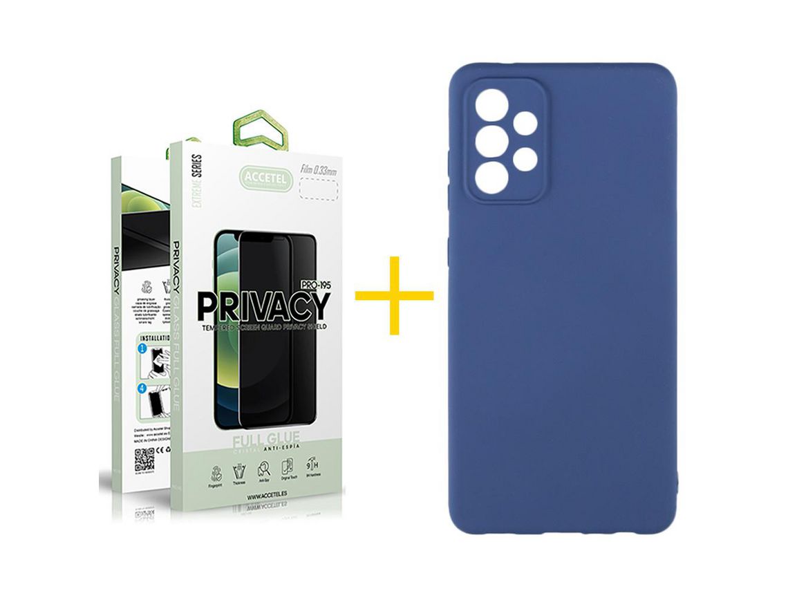 Pack 1 X Protector de Vidrio Templado Anti espía + Funda ACCETEL para Samsung Galaxy A23 5G Silicona Líquida Azul