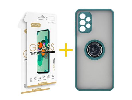 Pack 2 X Protector de Vidrio Templado 2.5D + Funda ACCETEL para Samsung Galaxy A52 5G Gel Bumper con Anillo Verde
