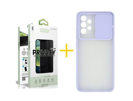 Pack 1 X Protector de Vidrio Templado Anti espía + Funda ACCETEL para Samsung Galaxy A32 4G Gel Protección Cámara Violeta