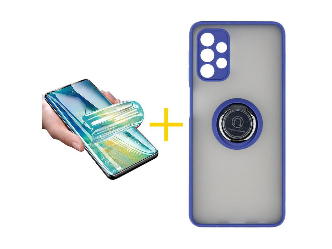 Pack 1 X Protector de Vidrio Templado Hidrogel + Funda ACCETEL para Samsung Galaxy A52 4G Gel Bumper con Anillo Azul