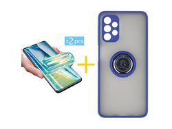 Pack 2 X Protector de Vidrio Templado Hidrogel + Funda ACCETEL para Samsung Galaxy A52 4G Gel Bumper con Anillo Azul