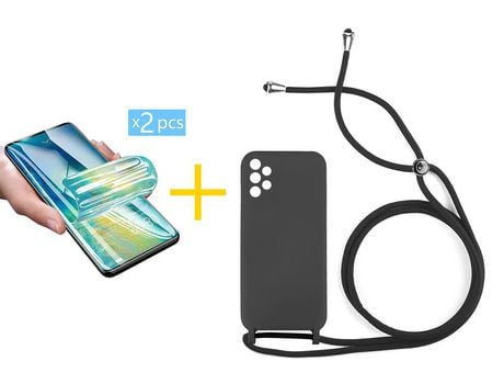 Pack 2 X Protector de Vidrio Templado Hidrogel + Funda ACCETEL para Samsung Galaxy A72 5G Gel con Cordón Negro