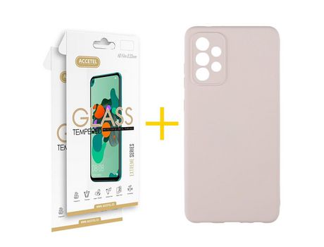 Pack 2 X Protector de Vidrio Templado 2.5D + Funda ACCETEL para Samsung Galaxy A53 5G Silicona Líquida Rosa