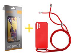 Pack 1 X Protector de Vidrio Templado Full + Funda ACCETEL para Samsung Galaxy A13 4G Gel con Cordón Rojo