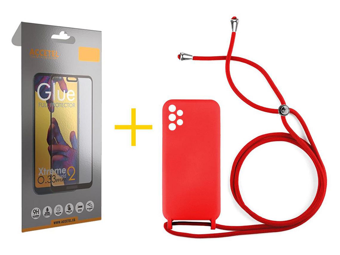 Pack 1 X Protector de Vidrio Templado Full + Funda ACCETEL para Samsung Galaxy A13 4G Gel con Cordón Rojo