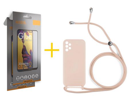 Pack 2 X Protector de Vidrio Templado Full + Funda ACCETEL para Samsung Galaxy A52 S 5G Gel con Cordón Rosa Pastel