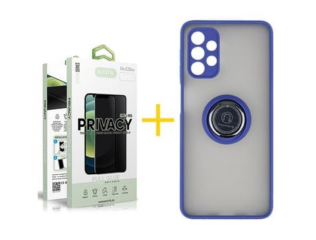 Pack 1 X Protector de Vidrio Templado Anti espía + Funda ACCETEL para Samsung Galaxy A32 4G Gel Bumper con Anillo Azul