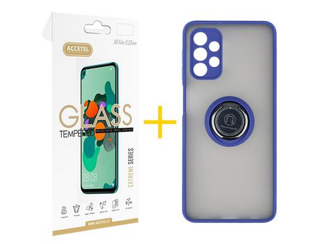 Pack 1 X Protector de Vidrio Templado 2.5D + Funda ACCETEL para Samsung Galaxy A32 4G Gel Bumper con Anillo Azul