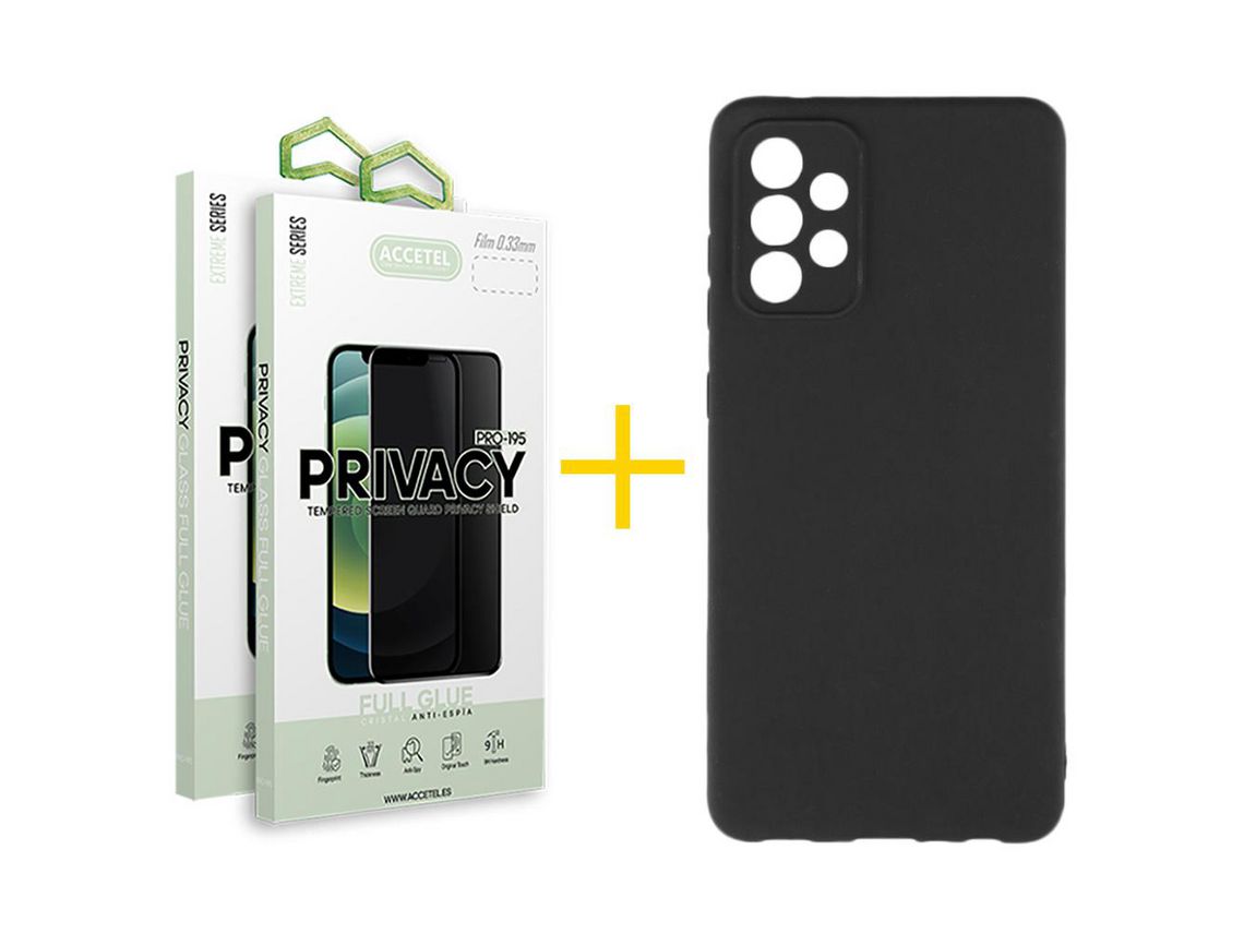 Pack 2 X Protector de Vidrio Templado Anti espía + Funda ACCETEL para Samsung Galaxy A33 5G Silicona Líquida Negro