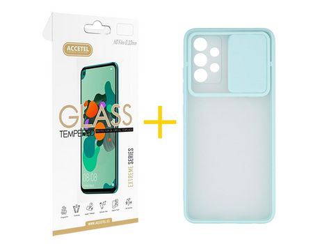 Pack 1 X Protector de Vidrio Templado 2.5D + Funda ACCETEL para Samsung Galaxy A52 S 5G Gel Protección Cámara Verde-Mar